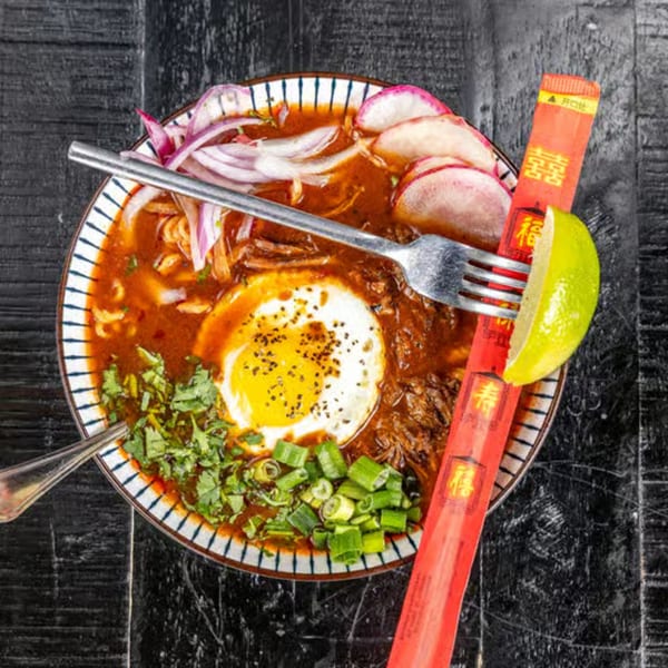 A bowl of Mexican birria ramen with a fried egg, radish, onion, and cilantro on a dark table.