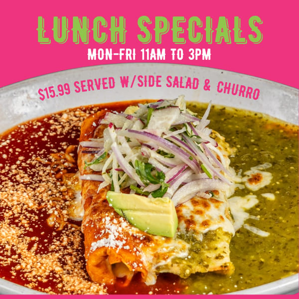 Neon Cactus enchiladas with red and green sauce, topped with avocado, onions, and cilantro.