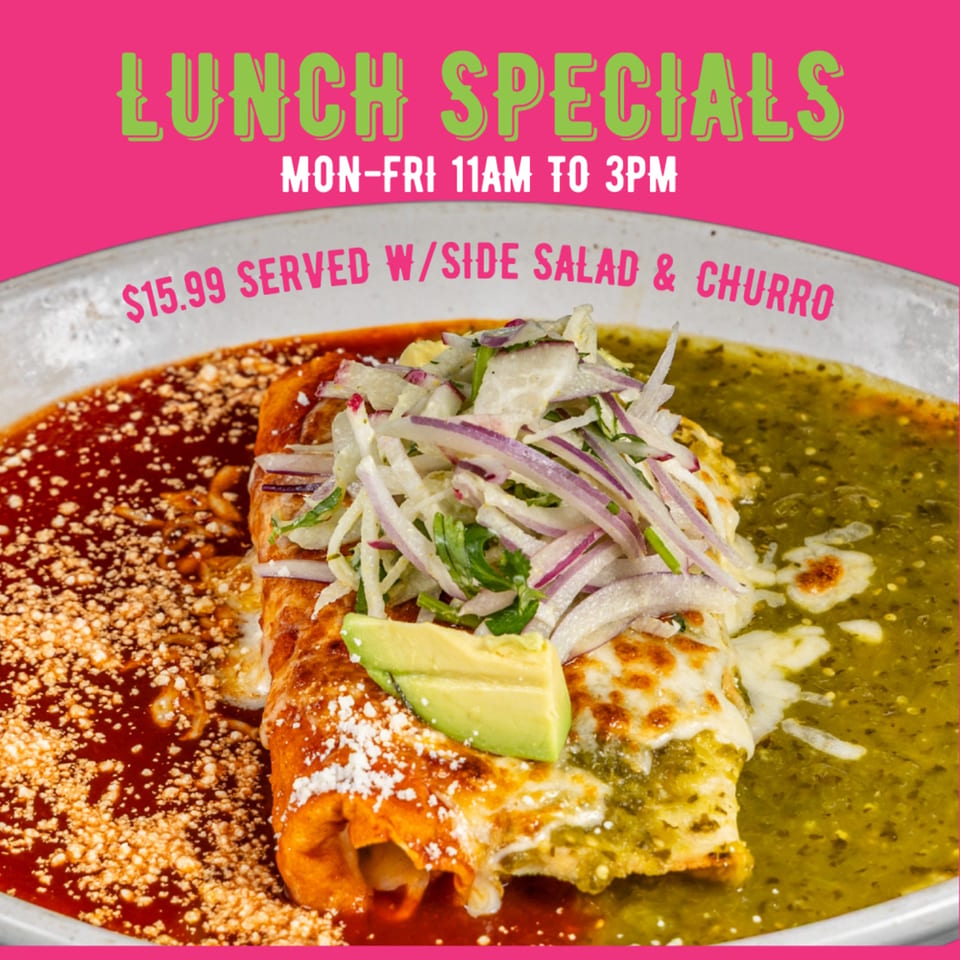 Neon Cactus enchiladas with red and green sauce, topped with avocado, onions, and cilantro.