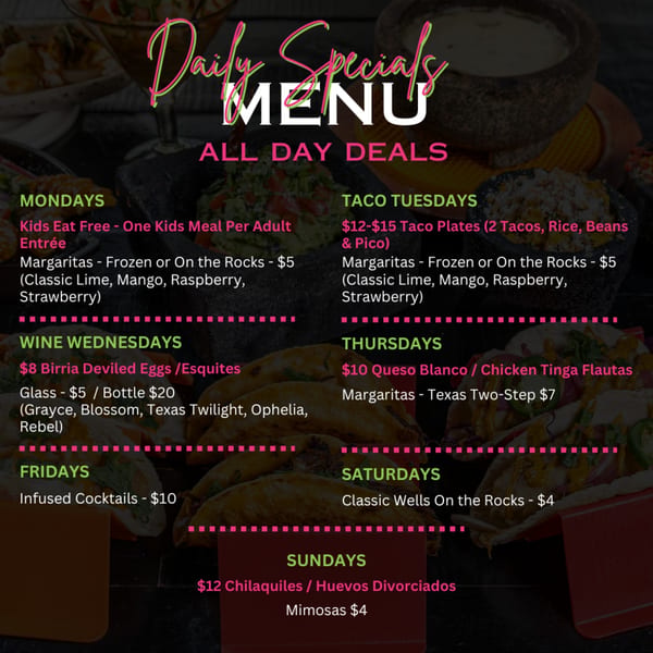 Neon Cactus Daily Specials Menu with text overlaying images of Mexican food and drinks.