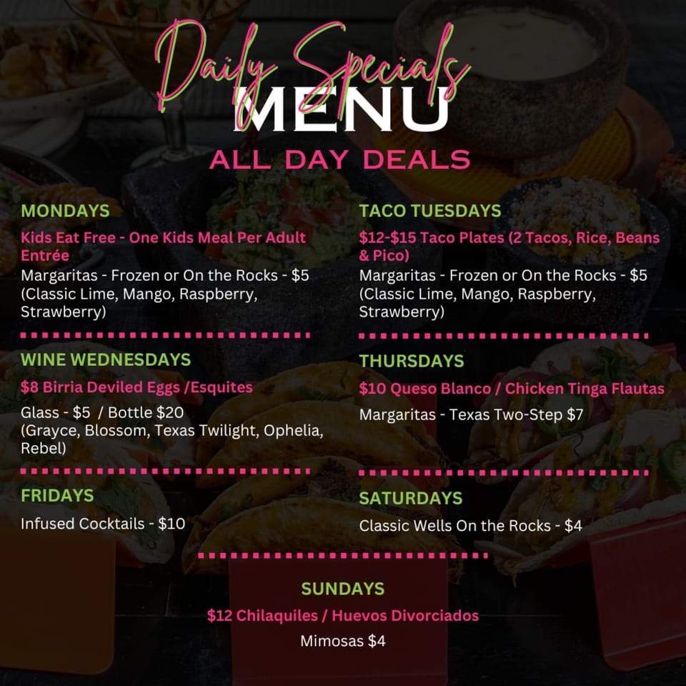 Neon Cactus Daily Specials Menu with text overlaying images of Mexican food and drinks.