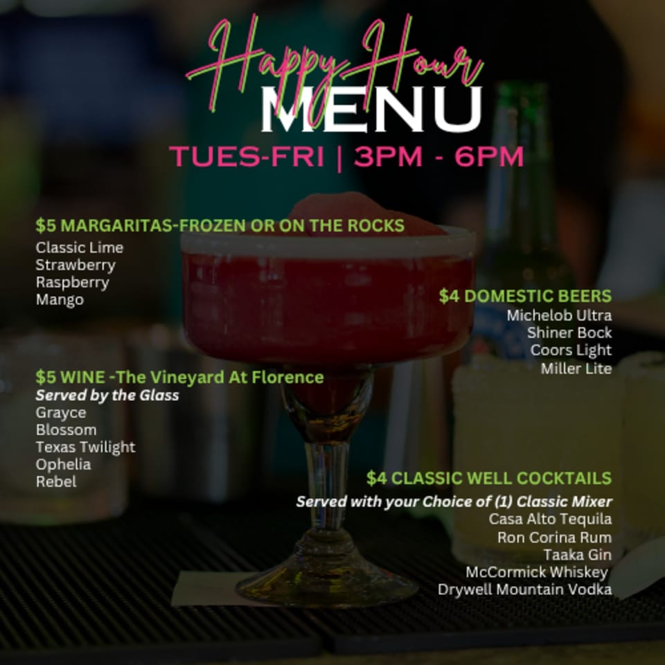 Happy hour menu graphic featuring a red margarita, discounted cocktails, beers, wine, and Tuesday–Friday hours.