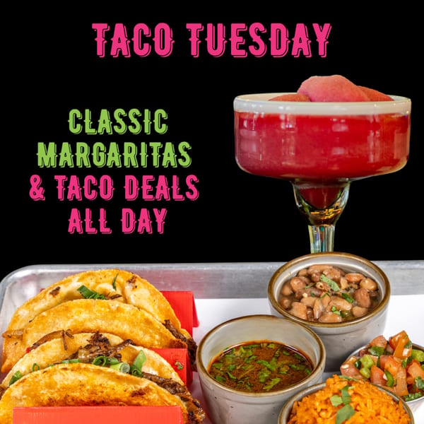 Neon Cactus Taco Tuesday promotion with tacos, sides, and a red margarita against a black background.