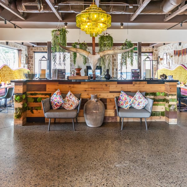 Neon Cactus restaurant interior with a longhorn skull, yellow chandelier, and vibrant decor.