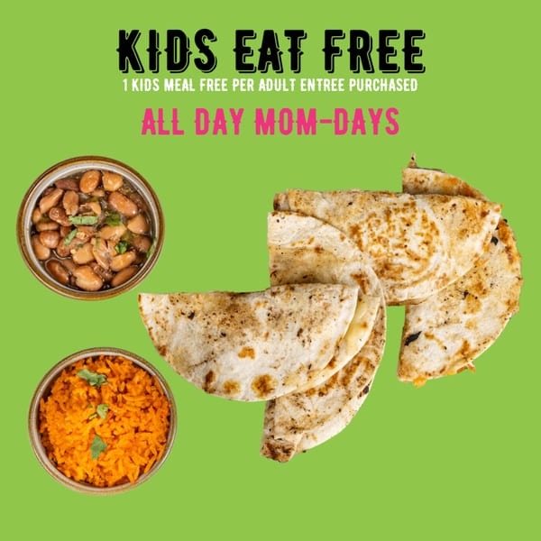 Neon Cactus's "Kids Eat Free" promotion with beans, rice, and quesadillas on a green background.