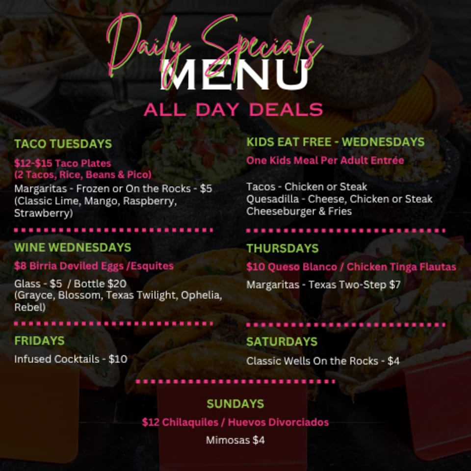 Daily specials menu graphic featuring Mexican dishes and drinks, with weekly deals including Taco Tuesdays, kids eat free, and Sunday brunch.