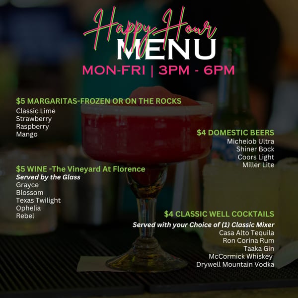 Neon Cactus Happy Hour menu with a frozen strawberry margarita, beers, and cocktails.