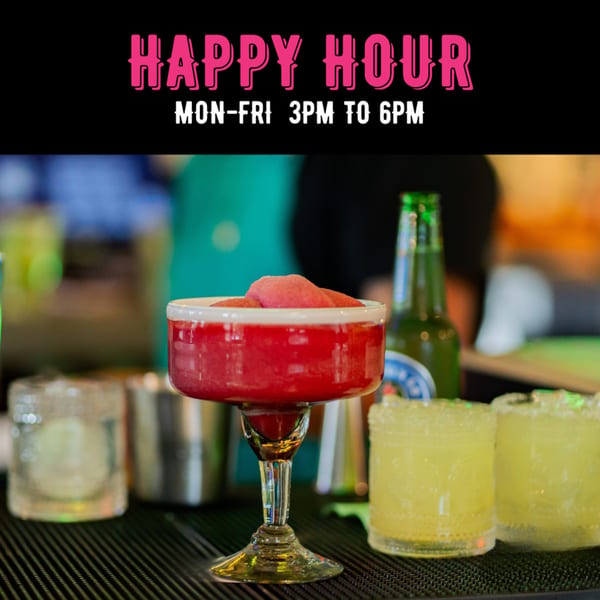 Neon Cactus Happy Hour sign above a bar with a red frozen margarita, beer, and two yellow margaritas.