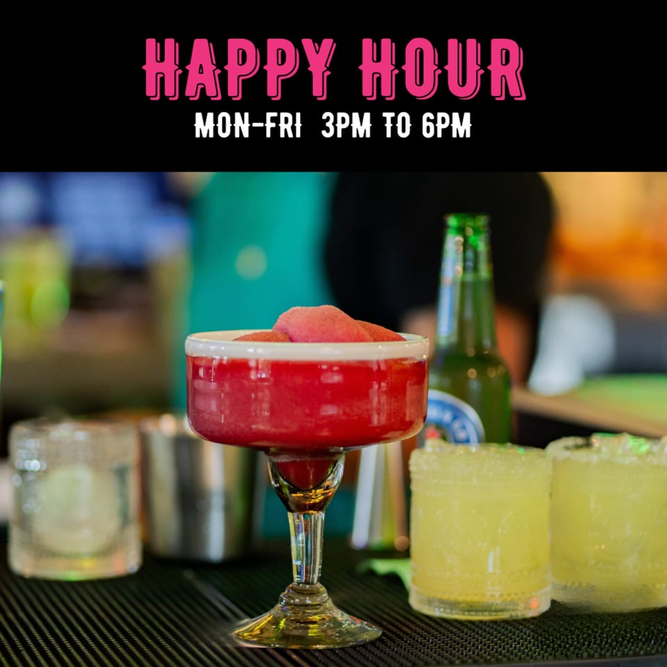 Neon Cactus Happy Hour sign above a bar with a red frozen margarita, beer, and two yellow margaritas.